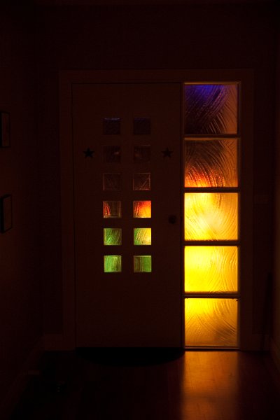 Inside the front door at night